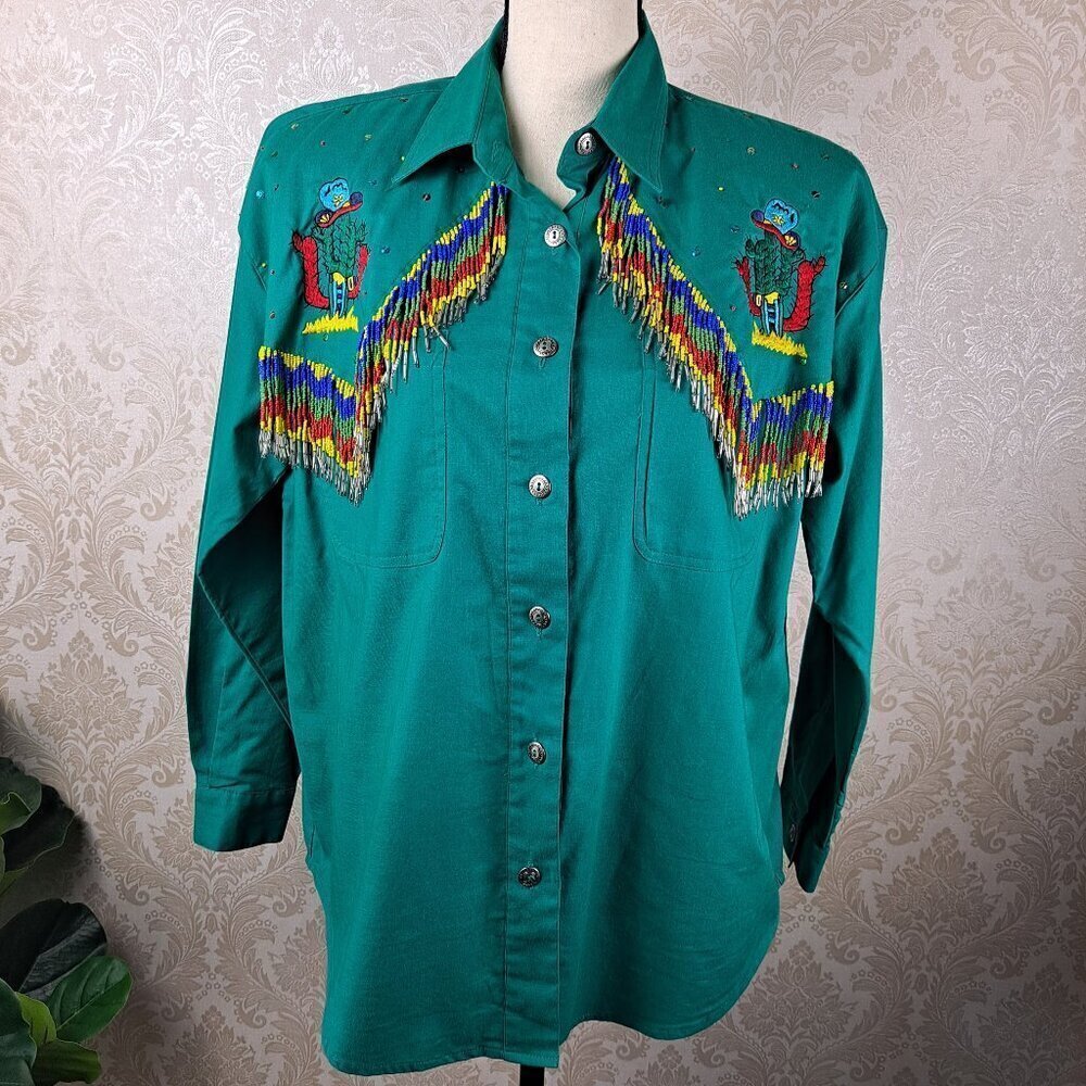 KZK Size Medium Green Rodeo Style Button Down Shirt Embroidery Beaded Vintage